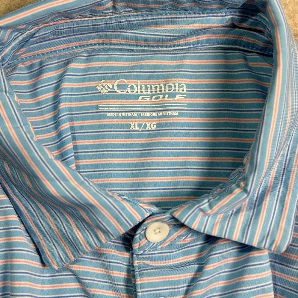 Columbia Golf Polo Shirt Mens XL Blue Pink Striped Polyester Performance Classic